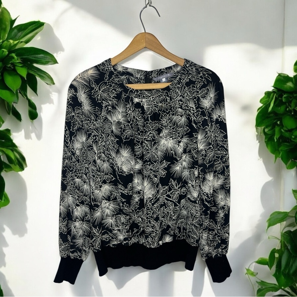 Tegan Silk Blend Blouse Black White Botanical Print Elegant Top Size 4
